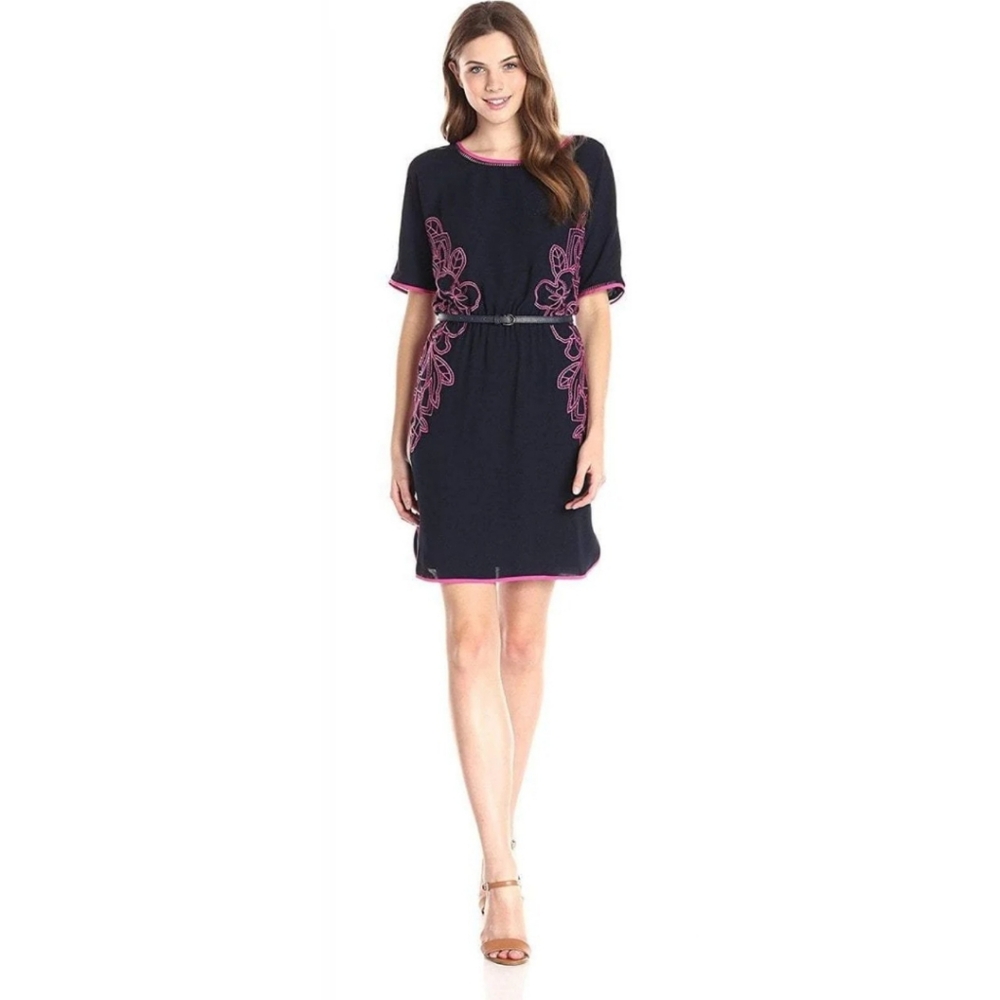 Adrianna Papell Belted Piping-Detail Crepe Dress(16PD79730)